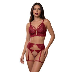 Conjunto Cinta Liga Com Renda Coração Rubi