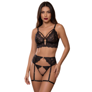 Conjunto Cinta Liga Com Renda Coração Preto
